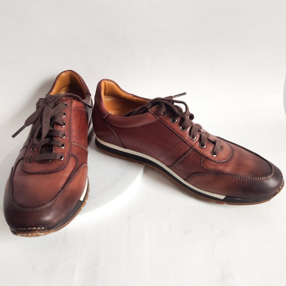 Magnanni Leather Sneakers Mens 8.5 41.5 Ibiza Brown Low Top Lace Up Luxury Shoes - Picture 2 of 11